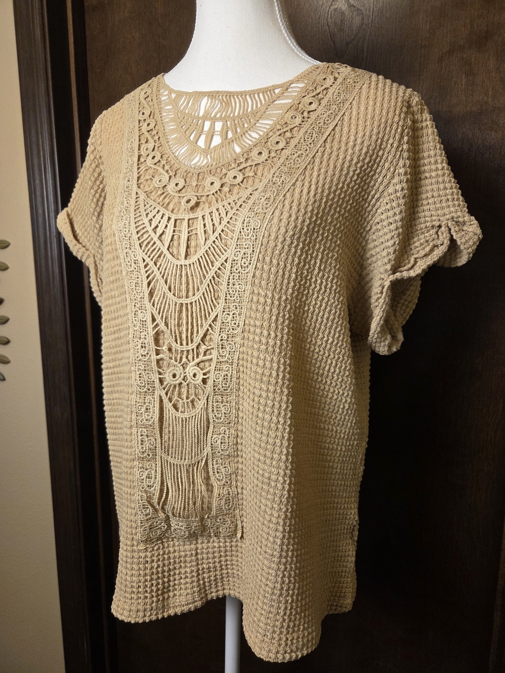 Woven Crochet Front Short Sleeve   Top - Beige - Picture 3 of 9